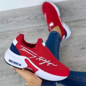 New Women Fashion Running Sneakers Platform Solid Color Flats Ladies Shoes Casual Breathable Wedge Heel Women Walking Sneaker (Color: Red, Shoe Size: 38)