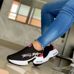 New Women Fashion Running Sneakers Platform Solid Color Flats Ladies Shoes Casual Breathable Wedge Heel Women Walking Sneaker (Color: Black, Shoe Size: 41)