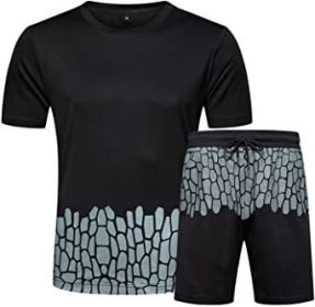 Men's Casual Crack Pattern Suits Fashion Short Sleeve T-Shirt And Shorts Loose Two-Piece Sets (Color: Black-L)
