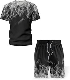 Men's Short-sleeved T-shirt Running Loose Casual Flame Print Sports Suit (Specification: BLACK-XL)