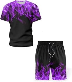 Men's Short-sleeved T-shirt Running Loose Casual Flame Print Sports Suit (Specification: VIOLET-XL)