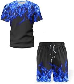 Men's Short-sleeved T-shirt Running Loose Casual Flame Print Sports Suit (Specification: BLUE-S)