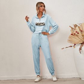 Autumn and Winter New European and American Women's Fashion Leopard Print Long-sleeved Home Wear Casual Suit (Color: Sky Blue, size: S)