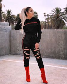 European and American Women's Sexy Fashion Burnt Flowers Autumn Casual Suit Two-piece (Color: Black, size: S)